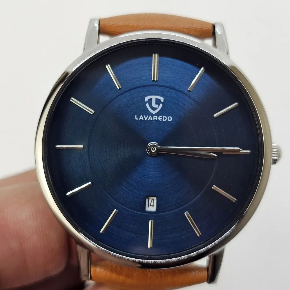 Men's Watch Minimalist 40MM Gray Case Blue Dial Date Light‎ Brown Leather Straps